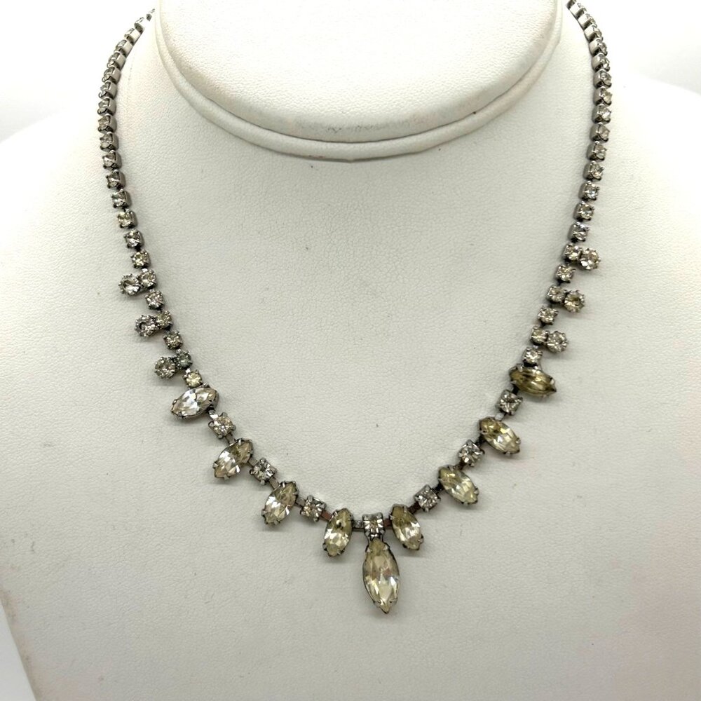 Vintage Weiss Rhinestone Necklace Choker Marquise Round Cut Wedding Formal Retro - Picture 2 of 11